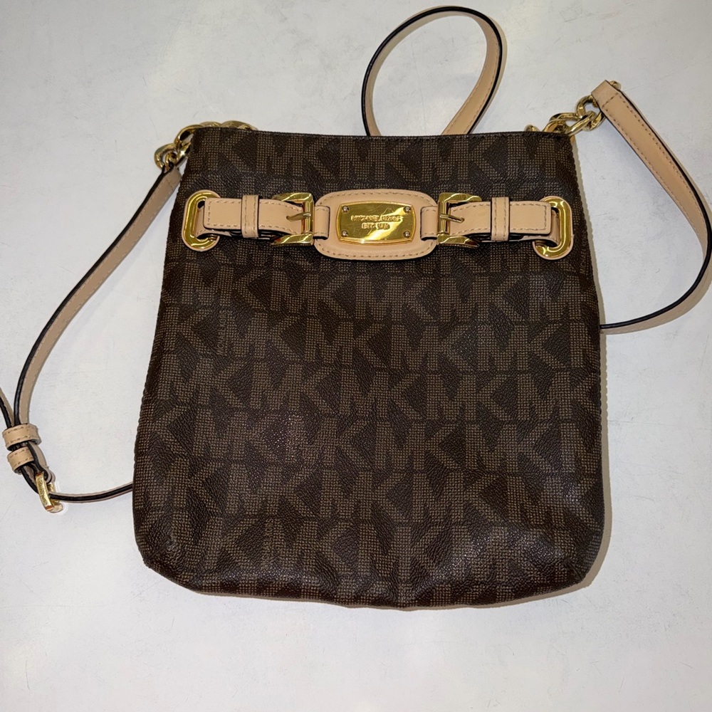 Michael Kors Brown Crossbody Bag with tan Trim and Gold Hardware